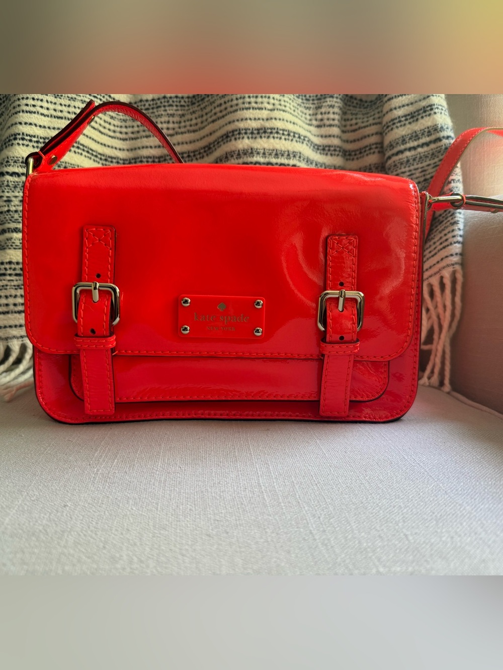 kate spade Neon Orange Patent Leather Crossbody Satchel Wrinkled